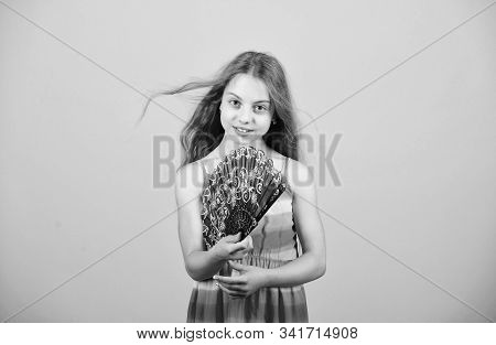 Girl Fanning Herself With Fan. Air Circulation. Art And Culture. Handheld Fan Create Airflow. Airflo