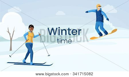 Winter Time Flat Vector Illustration. African American Girl Skiing, Caucasian Man Skateboarding, Peo