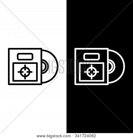 Set Line Cd Or Dvd Disk In Box Icon Isolated On Black And White Background. Compact Disc Sign. Vecto