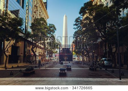 Obelik At Buenos Aires City. May 21, 2019, Argentina. Narrow Cozy Streets Of Buenos Aires With A Vie