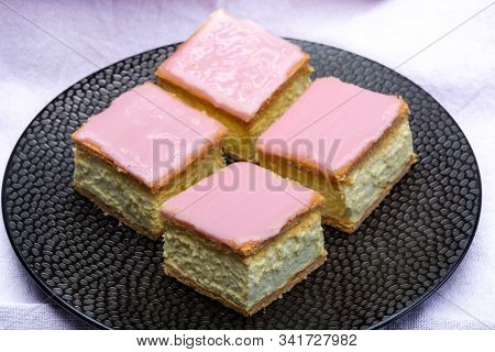 Tompoes Or Tompouce, Iconic Pastry In Netherlands And Belgium Made From Puff Dough, Icing, Cream
