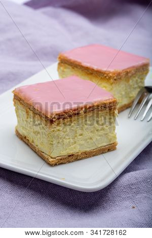 Tompoes Or Tompouce, Iconic Pastry In Netherlands And Belgium Made From Puff Dough, Icing, Cream