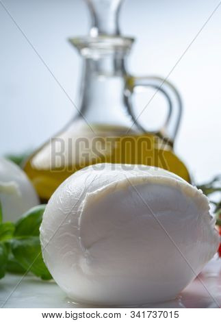 Balls Of Buffalo Mozzarella, Soft Italian Scheese Made From The Milk Of Italian Mediterranean Buffal