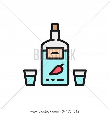 Vodka With Pepper, Ukrainian National Alcohol Flat Color Line Icon.