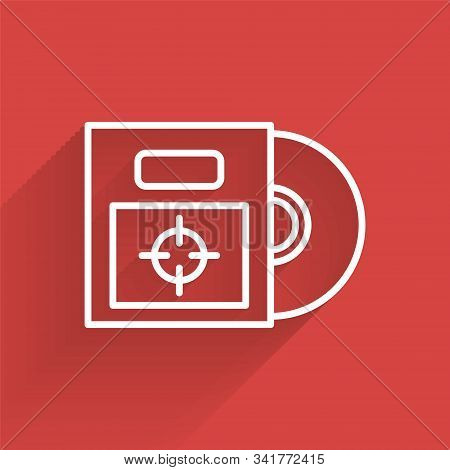 White Line Cd Or Dvd Disk In Box Icon Isolated With Long Shadow. Compact Disc Sign. Vector Illustrat