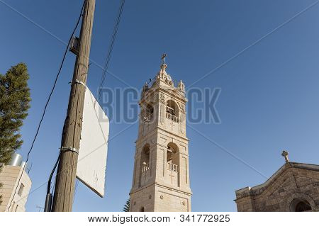 Jerusalem, Israel, December 28, 2018 : St. Nicholas Church Bell Tower In Bay Jala - A Suburb Of Beth