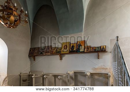 Jerusalem, Israel, December 28, 2018 : Several Icons Stand On A Shelf In The St. Nicholas Church Dun