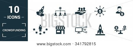Crowdfunding Icon Set. Include Creative Elements Marketplace, Social Participation, Pre-release, Rew