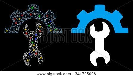 Bright Mesh Service Tools Icon With Glare Effect. Abstract Illuminated Model Of Service Tools. Shiny