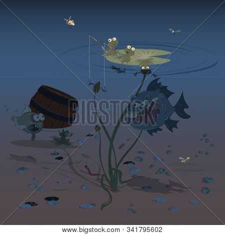 Three Little Frogs Are Fishing On A Pond Sitting On A Water Lily. Vector Illustration For Cards, Pos