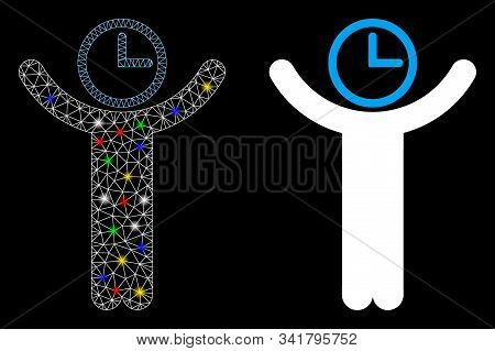 Glowing Mesh Time Manager Icon With Glare Effect. Abstract Illuminated Model Of Time Manager. Shiny 