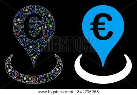 Glossy Mesh Euro Location Icon With Sparkle Effect. Abstract Illuminated Model Of Euro Location. Shi