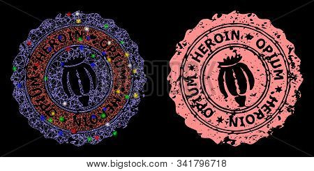 Glowing Mesh Heroin Opium Stamp Icon With Sparkle Effect. Abstract Illuminated Model Of Heroin Opium
