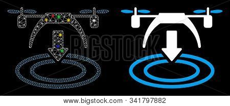 Glossy Mesh Copter Landing Icon With Lightspot Effect. Abstract Illuminated Model Of Copter Landing.
