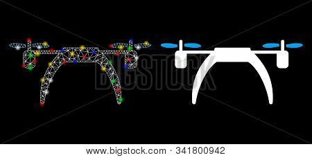 Bright Mesh Copter Icon With Glow Effect. Abstract Illuminated Model Of Copter. Shiny Wire Carcass P