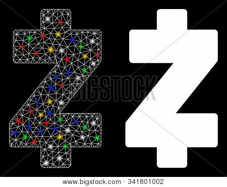 Flare Mesh Zcash Icon With Glow Effect. Abstract Illuminated Model Of Zcash. Shiny Wire Frame Triang