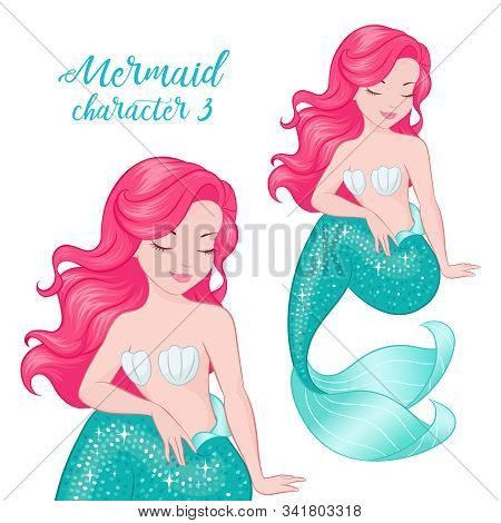 Beautiful Coral Hair Mermaid. Cute Mermaid For Textile, Bags Or Kids Fashion Artworks, Children Book