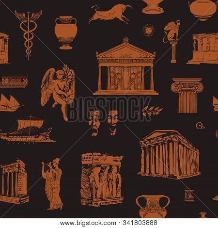 Vector Seamless Pattern On The Theme Of Ancient Greece With Hand-drawn Illustrations In Black And Or