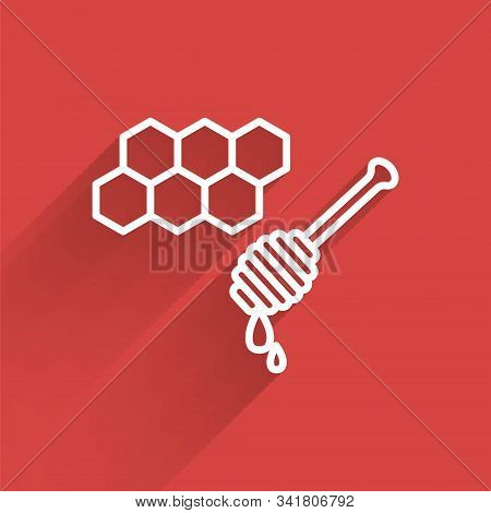 White Line Honeycomb With Honey Dipper Stickicon Isolated With Long Shadow. Honey Ladle. Honey Cells