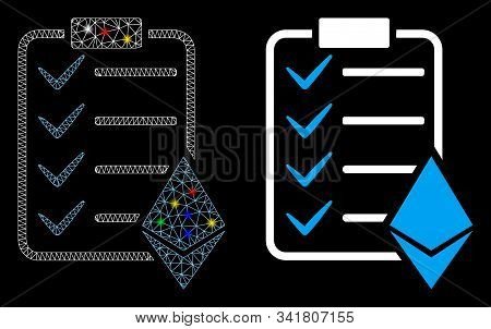 Glowing Mesh Ethereum Smart Contract Icon With Lightspot Effect. Abstract Illuminated Model Of Ether