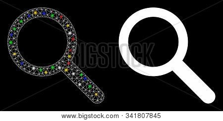 Flare Mesh Zoom Icon With Lightspot Effect. Abstract Illuminated Model Of Zoom. Shiny Wire Frame Tri