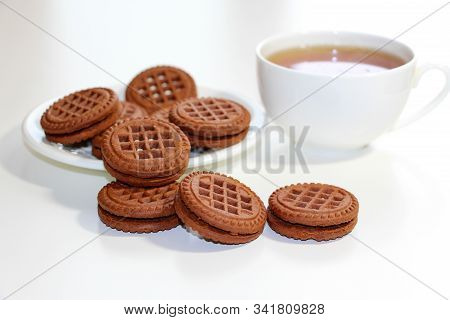 Cookies With Chocolate. White Cup With Black Tea. Tea Ceremony. Sweet Morning. Still Life.