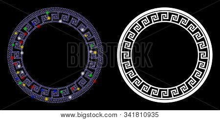 Glossy Mesh Greek Classic Round Frame Icon With Glare Effect. Abstract Illuminated Model Of Greek Cl