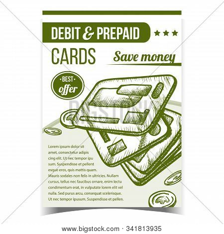 Debit And Prepaid Cards Advertising Poster Vector. Plastic Credit Banking Cards Pile And Coins For S
