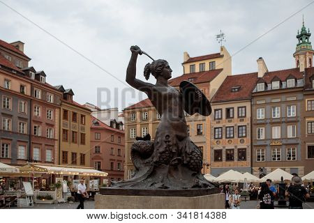 Warsaw, Poland - August 10, 2018: Statue Of Mermaid,  The Symbol Of The City Of Warsaw. This Statue 