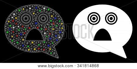 Glossy Mesh Afraid Smiley Message Icon With Lightspot Effect. Abstract Illuminated Model Of Afraid S