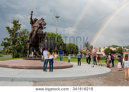 Kaunas, Lithuania - July 14, 2018: Tourists Admire Newly Erected Sculpture Freedom Warrior In Kaunas