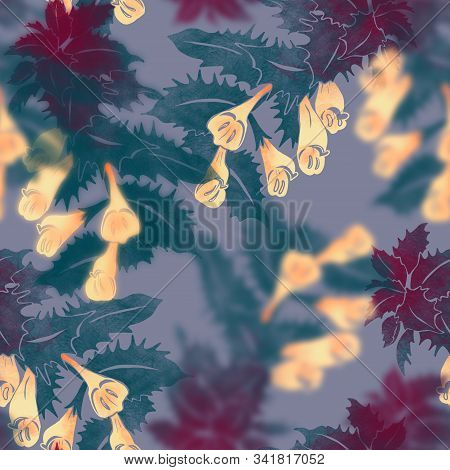 Seamless Pattern With Forest Herb With Purple Leaves And Yellow Flowers. Herbaceous Flowering Plant 