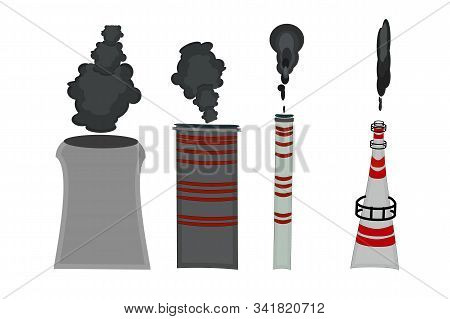 Set Of Industrial Factory Chimneys With Smoke Clouds Isolated On White Background. Flat Style Collec