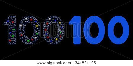 Glowing Mesh 100 Digits Text Icon With Sparkle Effect. Abstract Illuminated Model Of 100 Digits Text