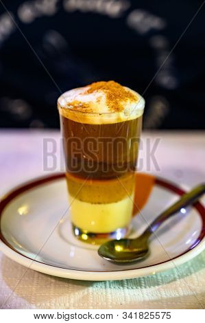Special Coffee Of Canary Islands, Sweet Barraquito Coffee With Layers And Alcohol Served In Glass