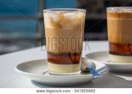 Special Coffee Of Canary Islands, Sweet Barraquito Coffee With Layers And Alcohol Served In Glass