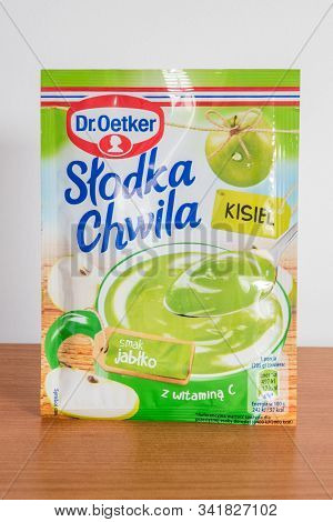 Pruszcz Gdanski, Poland - December 11, 2019: Dr. Oetker Slodka Chwila Kisiel Apple Taste.