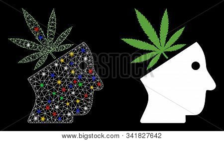 Glowing Mesh Cannabis Thinking Head Icon With Glare Effect. Abstract Illuminated Model Of Cannabis T