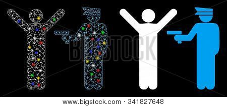 Flare Mesh Police Arrest Icon With Glare Effect. Abstract Illuminated Model Of Police Arrest. Shiny 
