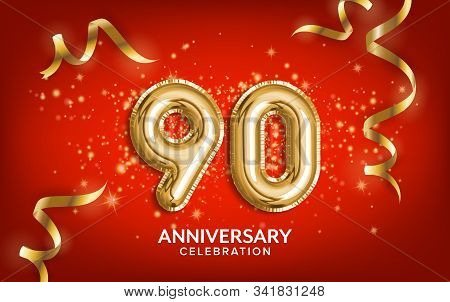 90th Anniversary Celebration. Anniversary Celebrating Text Balloons With Golden Serpentine And Confe