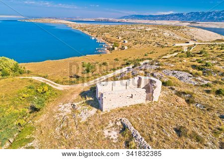Vrsi Bay And Saint Lovre Church Ruin Aerial View, Stone Desert Of Zadar Archipelago Of Croatia