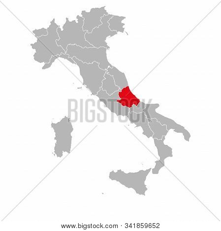 Abruzzo Province Marked Red On Italy Map. Gray Background. Italian Political Map.