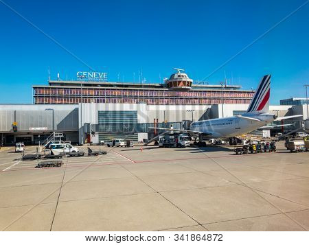 Geneve, Switzerland - July 8, 2018: Airport building with observation tower at day time
