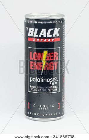 Pruszcz Gdanski, Poland - September 24, 2019: Black Longer Energy Palatinose Energy Drink.
