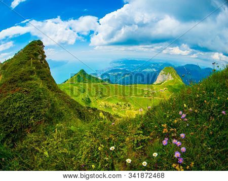 Summer landscape of Switzerland mountain nature at Rochers-de-Naye