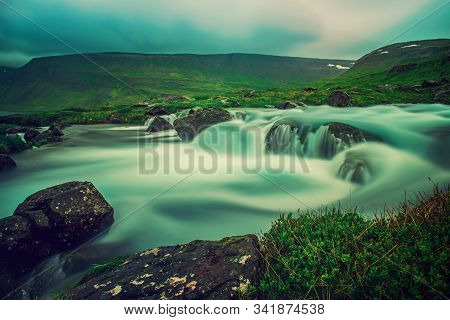 Part Of Dynjandi Fjallfoss, Waterfall. Iceland. Long Exposure Icelandic Summer Landscape
