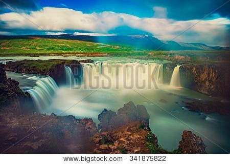 Godafoss Waterfall In Iceland, Summer Natural Travel Background