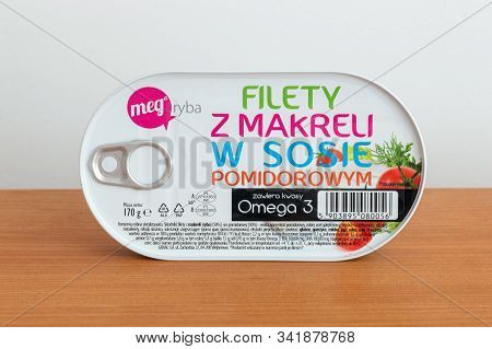 Pruszcz Gdanski, Poland - September 23, 2019: Can Of Mega Ryba Mackerel Fillets In Tomato Sauce.