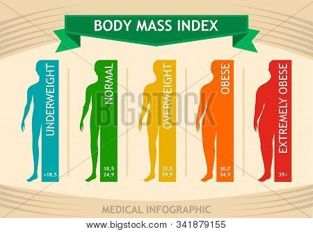 Man Body Mass Index Info Chart. Male Silhouette Medical Infographic From Underweight To Extremely Ob