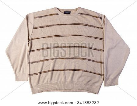 Knitted Hakki Brown Beige Color Sweater With A Zipper Isolated On A White Background. Mens Sweater U